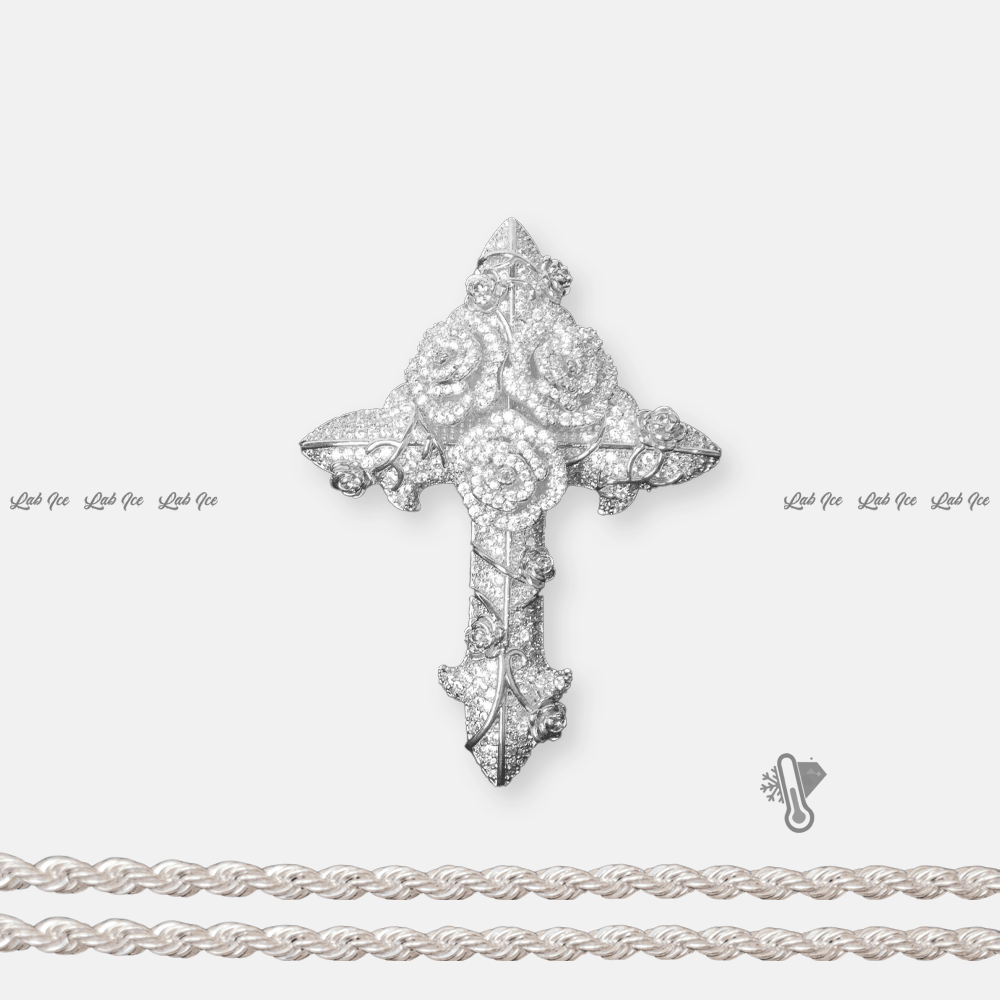 PINGENTE CRUZ COM ROSAS + CORRENTE - LAB ICE